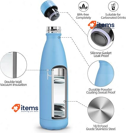 HoneyHolly Stainless Steel Water Bottle, Thermos Flask, 750 ml, BPA-Free, Blue