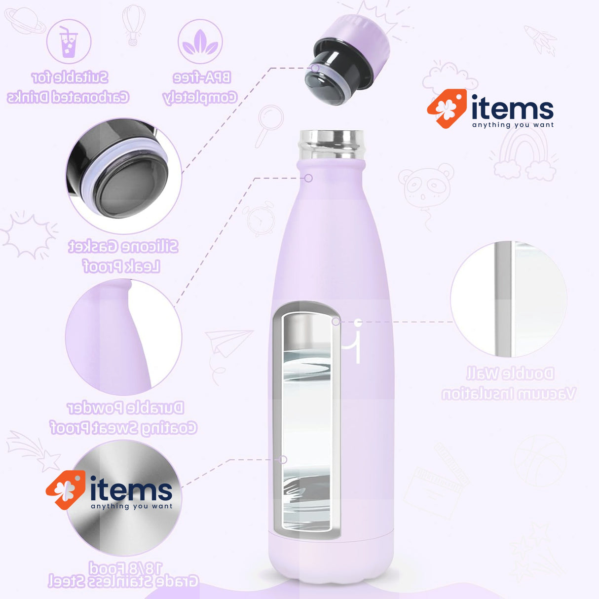 HoneyHolly Insulated Bottle, 18/8 Stainless Steel, Insulated Bottle, 500 ml