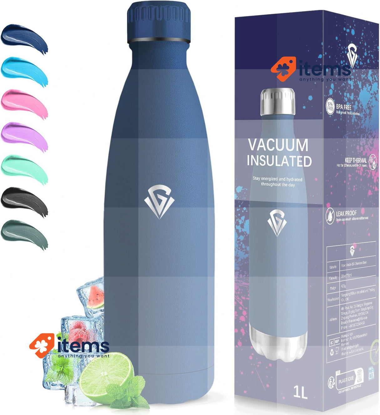 Grsta Thermos Flask Water Bottle 1 L BPA-Free Stainless Steel Leak-Proof Navy