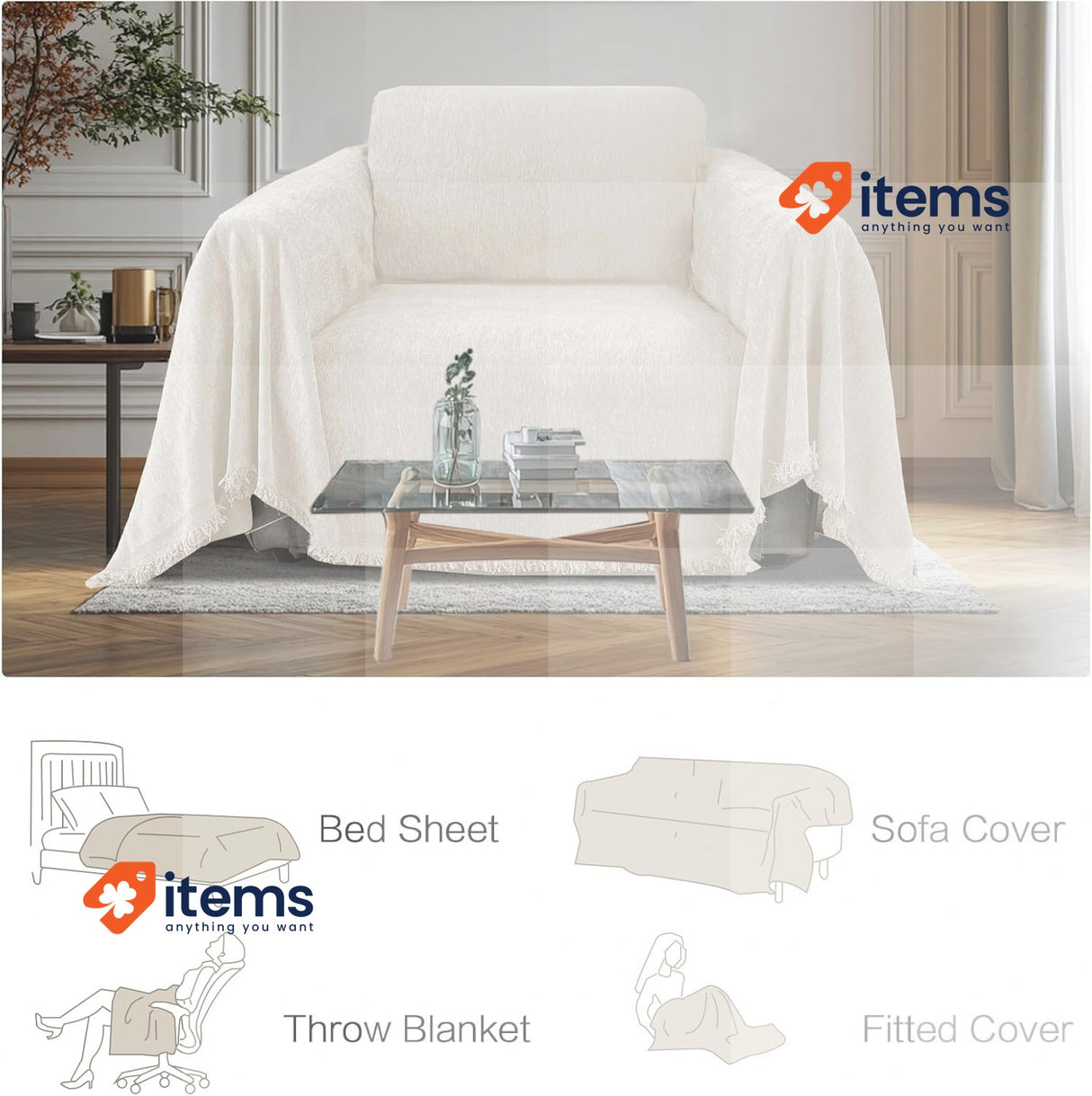 BellaHills Invisible Sofa Cover In L Natural Cream 180 x 279 cm Slim 3 Seater