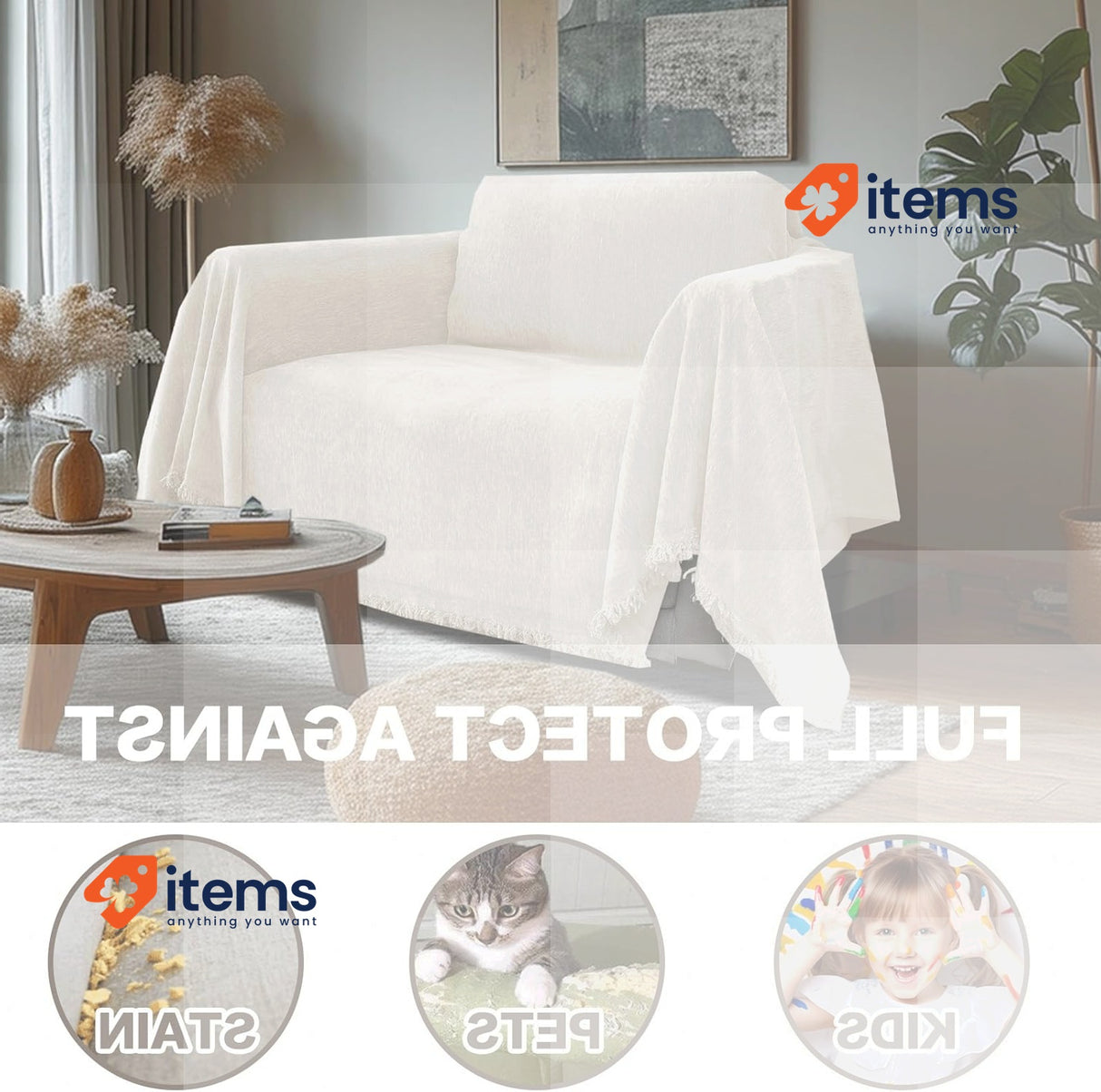 BellaHills Invisible Sofa Cover In L Natural Cream 180 x 279 cm Slim 3 Seater