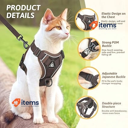 GlasFlength Cat Harness with Lead Cat Lead with Reflective Stripes (Coffee-S)