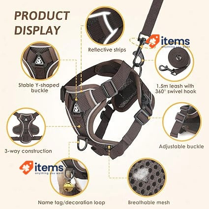 GlasFlength Cat Harness with Lead Cat Lead with Reflective Stripes (Coffee-S)
