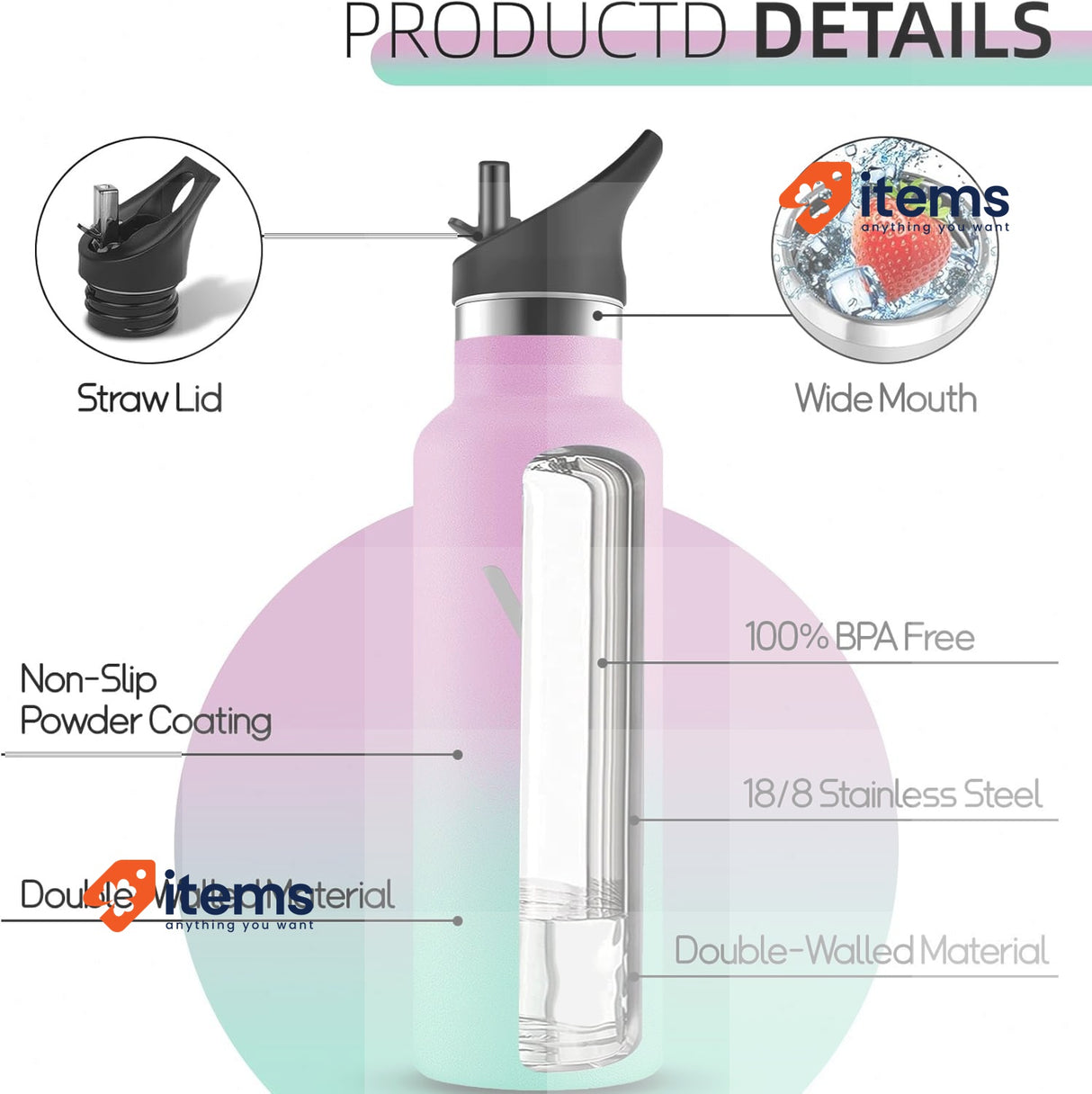 Grsta Insulated Water Bottle, 500 ml, Stainless Steel Water Bottle Pink/Green