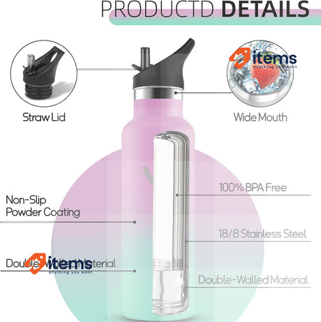Grsta Insulated Water Bottle, 500 ml, Stainless Steel Water Bottle Pink/Green