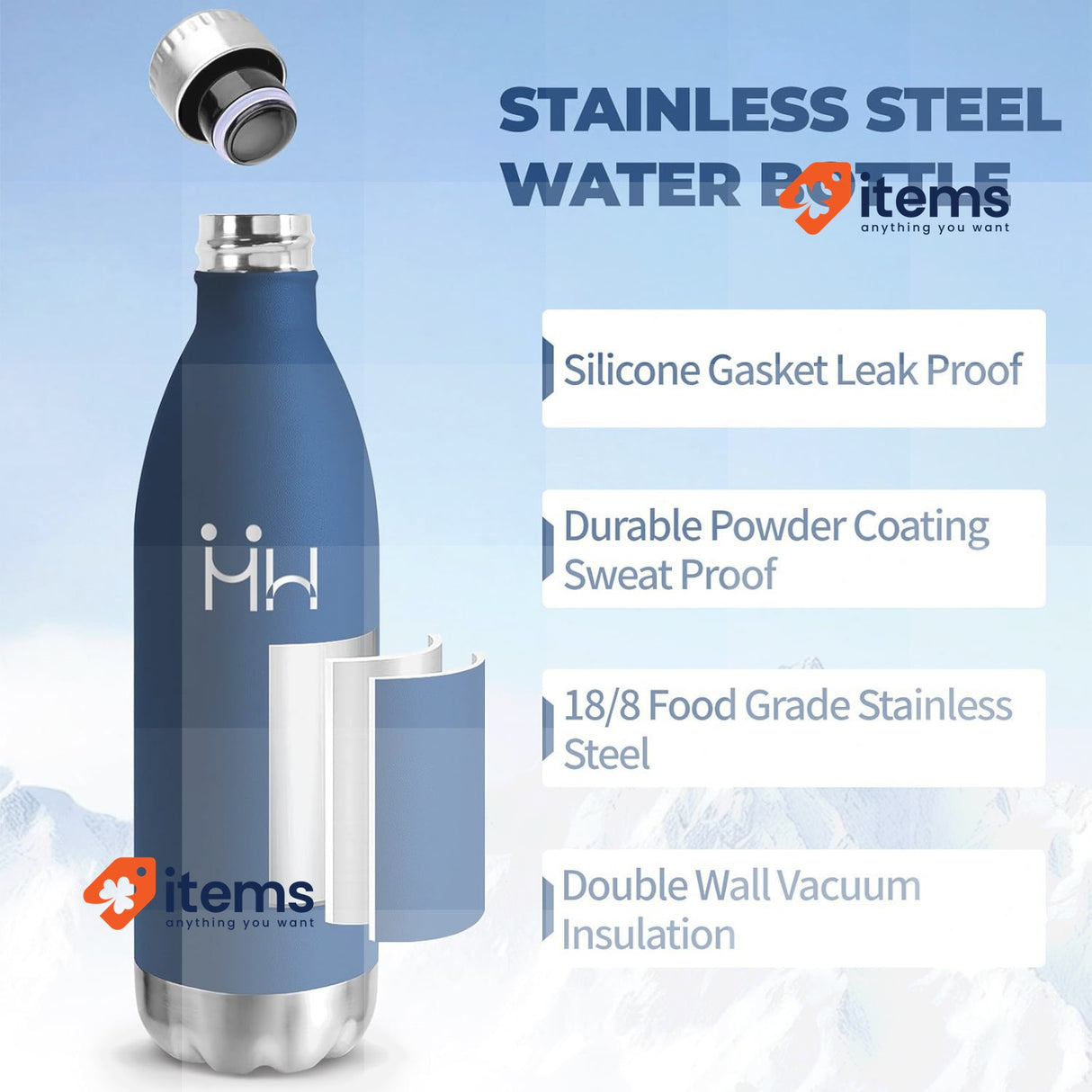 Gourde Water Bottle 1000 ml BPA-Free, Stainless Steel Water Bottle, Dark Blue