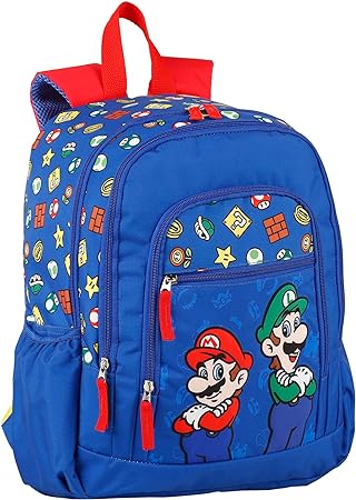 SUPER MARIO and Luigi School Bag Double Compartment and 2 Front Pockets Blue