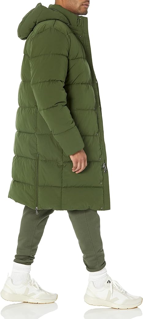 Amazon Essentials Men's Recycled Polyester Hooded Long Puffer Dark Olive L